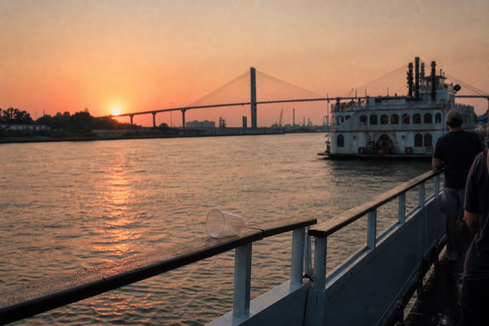 Sunset over the Savannah River with a paddlewheel boat and bridge silhouette, no text, no logos, no people