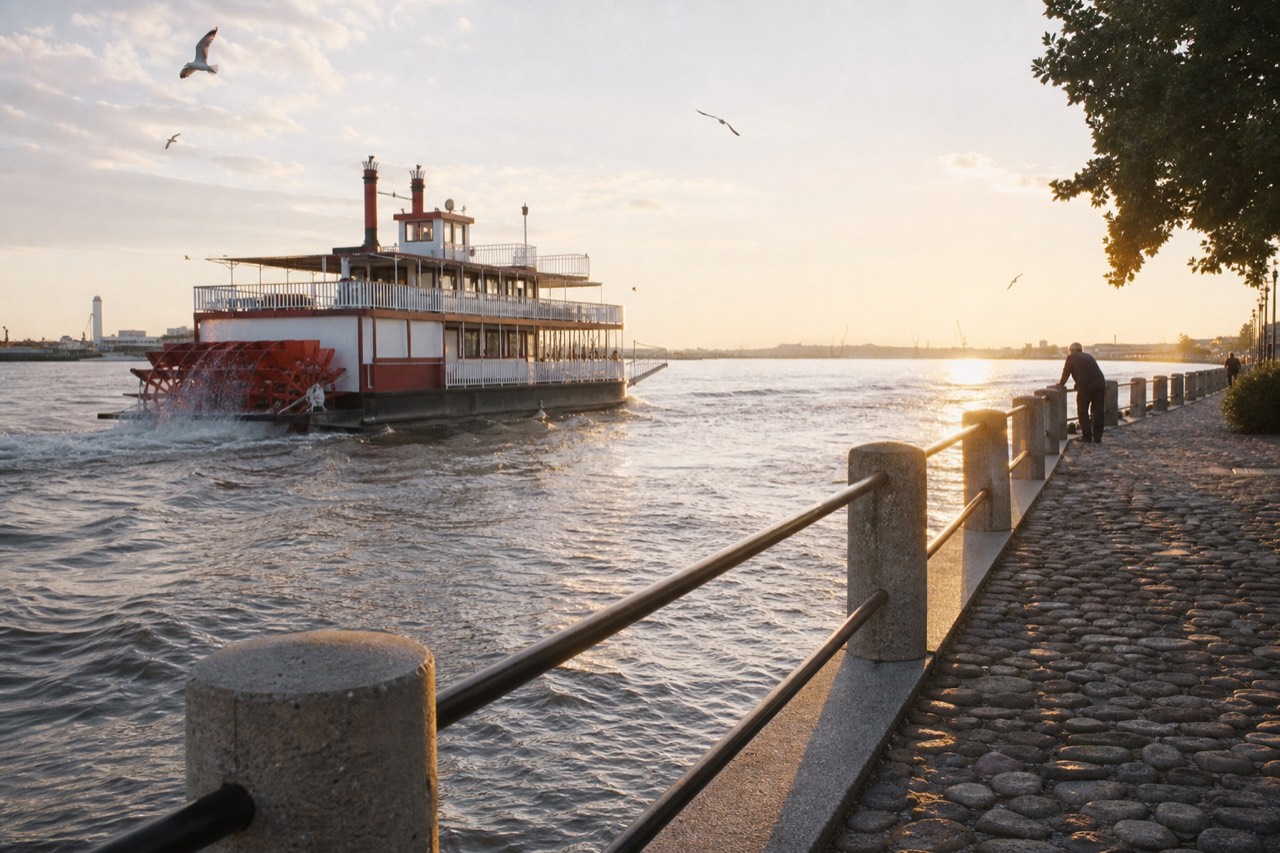 A red paddlewheel riverboat cruising past the Savannah riverfront at golden hour, no text, no logos, no people