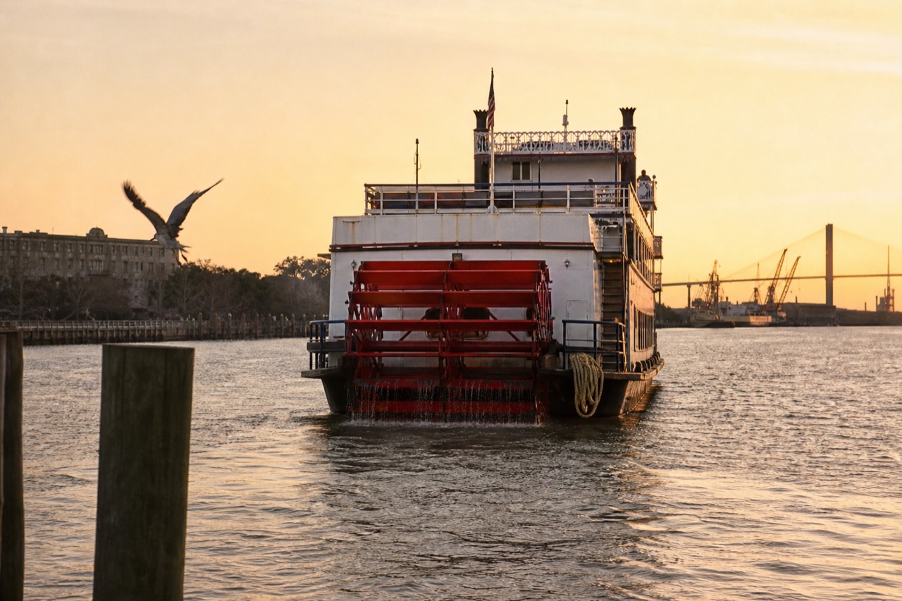 A red paddlewheel riverboat on the Savannah River at golden hour, no text, no logos, no people.