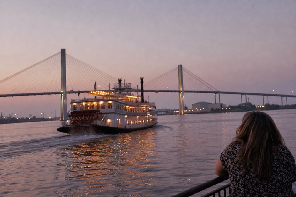 Paddlewheel riverboat on the Savannah River at dusk with the Talmadge Bridge behind, no text, no logos, no people