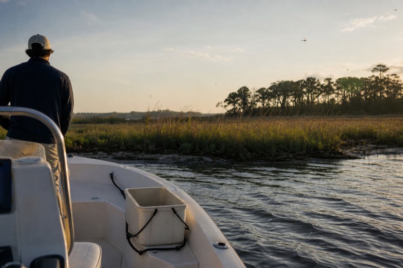 A small private charter boat idling on the Savannah River near the Hutchinson Island shoreline at golden hour