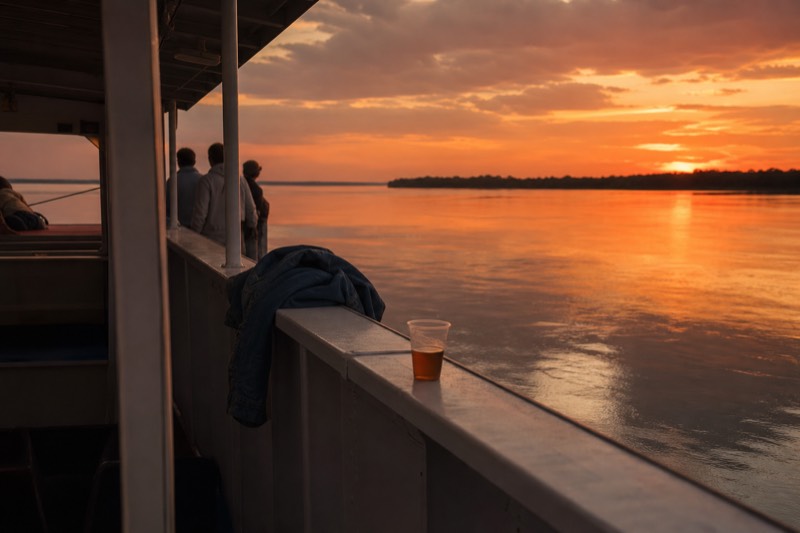 Passengers along the rail of a Savannah riverboat as the sky turns orange over the river at sunset