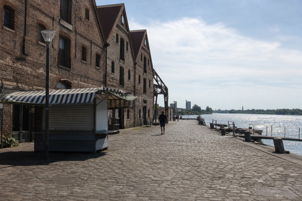 Wide view of the Savannah riverfront promenade with old brick warehouses and the river beyond, no text, no logos, no people