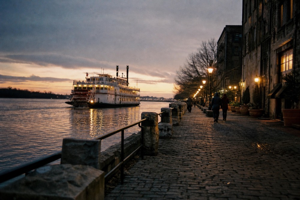 A paddlewheel riverboat cruising past River Street at dusk with warm light on the water, no text, no logos, no people