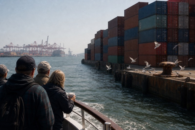 A tour boat passing container ships and cargo cranes on the working stretch of the Savannah River, departing from a resort dock on the Savannah River's north bank