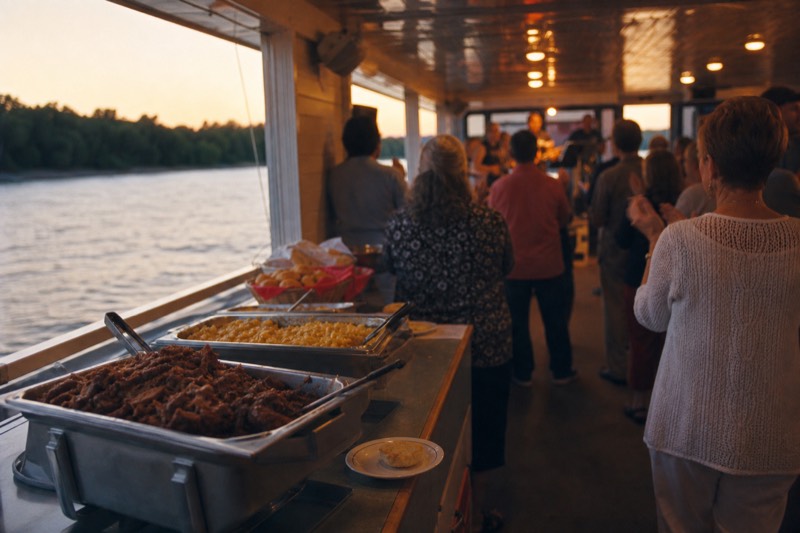 Dinner tables set on the covered deck of a Savannah riverboat at dusk, city lights reflecting on the Savannah River, departing from the historic River Street waterfront in downtown Savannah